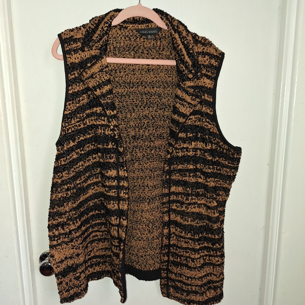 Ming Wang XL  Vest Longline Open Cardigan Brown Stripe Boucle Artsy Office